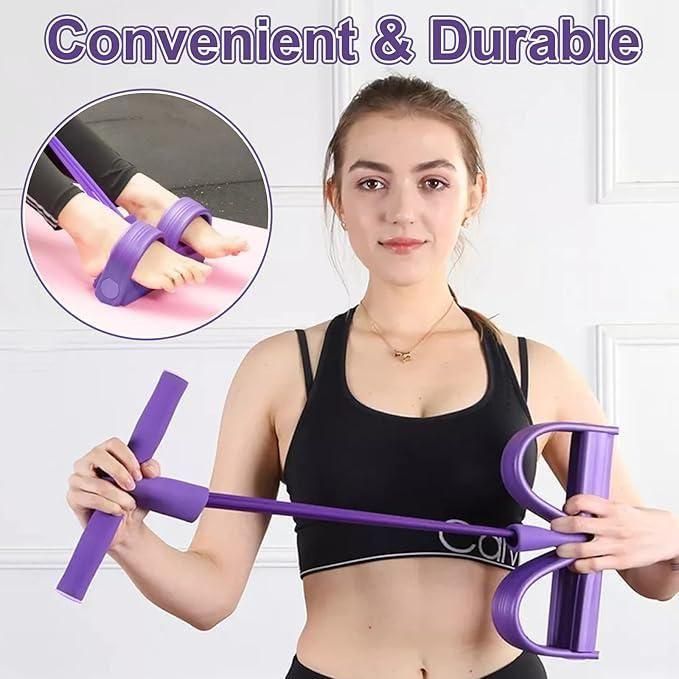 Woman holding a purple exercise band with inset showing foot usage