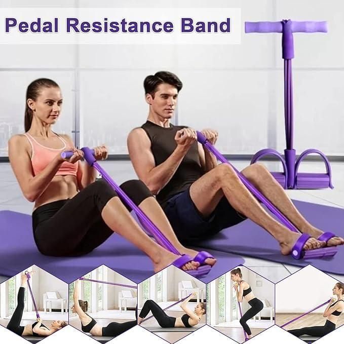Collage of people using a pedal resistance band with text 'Pedal Resistance Band' on a white background.