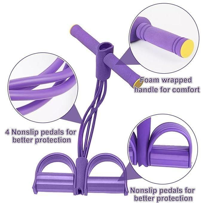 Purple resistance band with foam handle and non-slip pedals on a white background