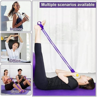 Woman using a purple resistance band in various settings including indoor, office, and gym.